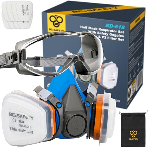 Half Face Respirator Mask with Safety Goggles, 2 A1 Organic Vapor Filters & 8 P2 Dust Filters, RD-518 Reusable Respirator for Painting,Dust,Gas, Sanding, Spraying, Chemicals, Cleaning