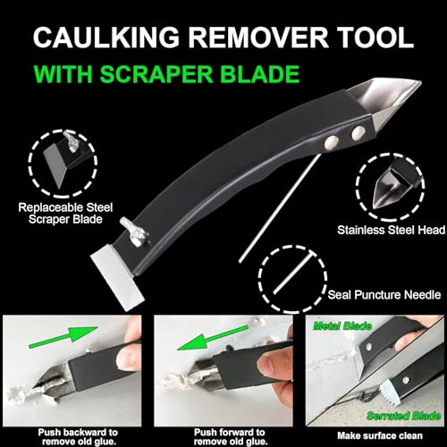 Silicone Caulking Tool Kit, Stainless Steel Caulk Remover & Grout Removal Tool, Sealant Finishing Kit with 3 Glass Glue Angle Scrapers for Kitchen Bathroom Window Sink Tile Joint