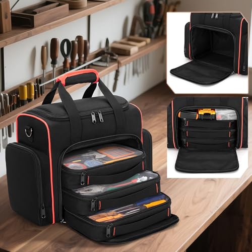 Marscamd Tool Bag with 3 Removable Cases, 2 Layers Tool Tote for Hand Tools, Black with Red Binding - color: Black with Red Binding