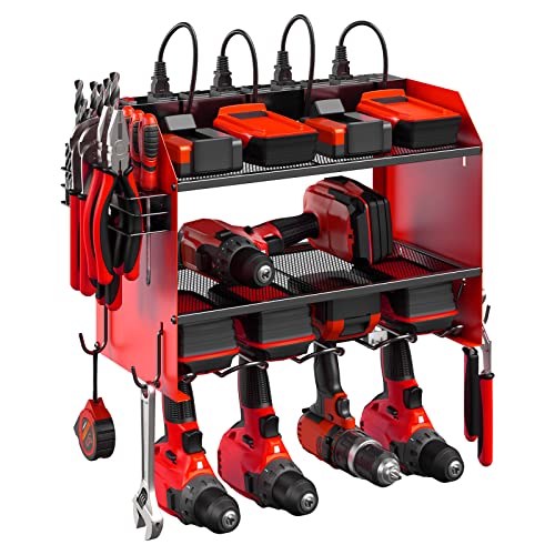 CCCEI Modular Power Tool Organizer Wall Mount with Charging Station. Garage Drill Storage Shelf with Hooks, Heavy Duty Rack, Tool Battery Holder Built in 8 Outlet. Gift for Men. Red, 1 Pack. - color: A_Red