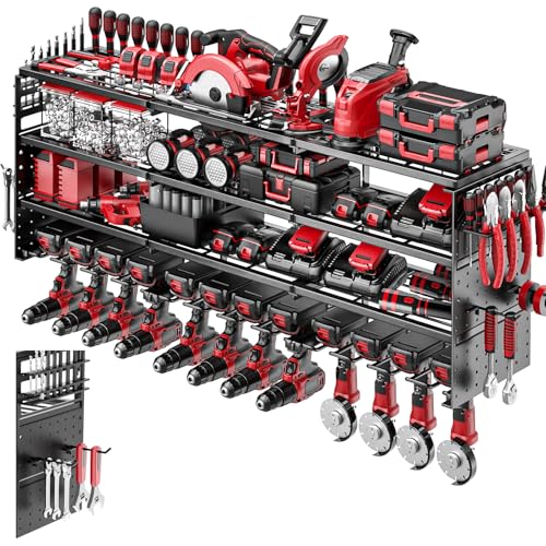 52" W Large Power Tool Organizer Wall Mount -12 Drill Holder for Garage,4 Layer Heavy Duty Power Tool Rack,Tool Organizer Storage for Workshop Garage Basement - color: Black, size: 12 Drills Holder
