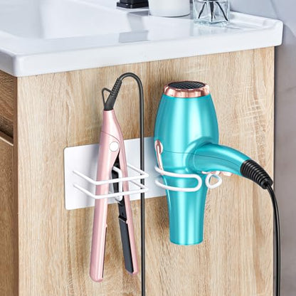 Hair Dryer and Straightener Holder Wall Mounted, Self Adhesive Blow Dryer and Flat Iron Storage Hair Tool Organizer for Bathroom Vanity (White) - color: White
