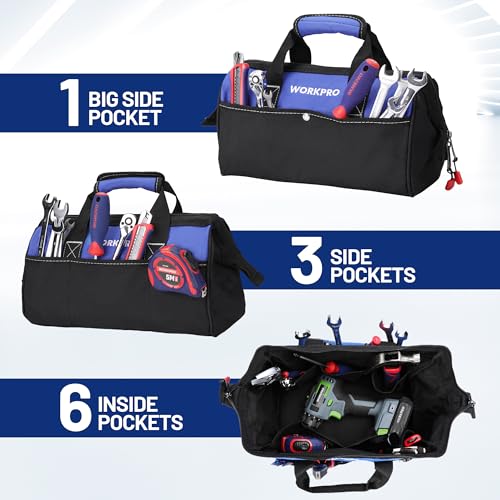 WORKPRO 13-inch Tool Bag, Wide Mouth Tool Tote Bag with Inside Pockets for Tool Storage - color: Blue