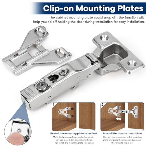 10 Pack 1/2'' Overlay Face Frame Soft Close Hidden Cabinet Hinges, 105 Degree 3D Adjustable Clip On Plate Concealed Kitchen Cupboard Door Hinges with Screws
