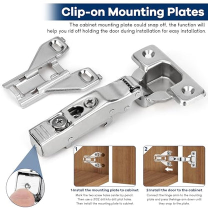10 Pack 1/2'' Overlay Face Frame Soft Close Hidden Cabinet Hinges, 105 Degree 3D Adjustable Clip On Plate Concealed Kitchen Cupboard Door Hinges with Screws