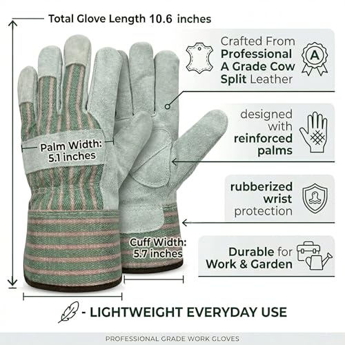 Work Gloves for Men, Durable Leather Mechanic Gloves with Rubberized Safety Cuff - color: Blue