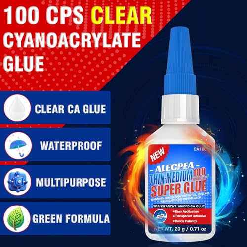 20g Thin-Medium CA Glue (100 CPS), Instant Clear Cyanoacrylate Glue for Wood, Glass, Metal, Paper, Leather, Plastic, Ceramic, Rubber, Jewelry, Woodworking, Hobby Models, and Craft Project - size: Clear/100CPS
