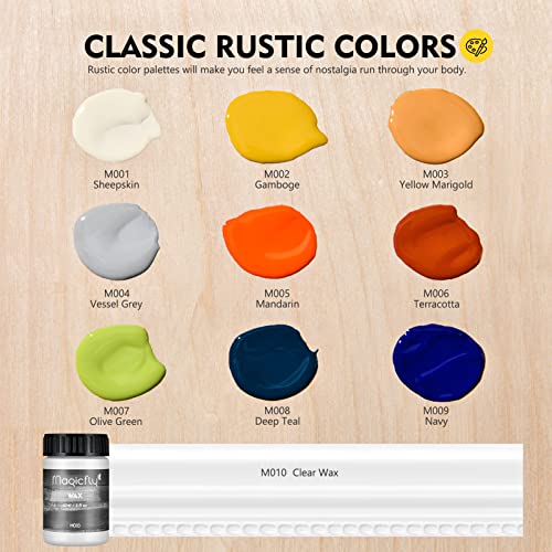 Magicfly 15 Pcs Chalk Furniture Paint Set, 9 Colors Ultra Matte Finish Acrylic Craft Paint Set (60 ml/2 oz) with Liquid Wax, 2 Brushes, 3 Sandpapers, Chalk Paint for Furniture, Crafts, Rustic Colors - style: Rustic Colors