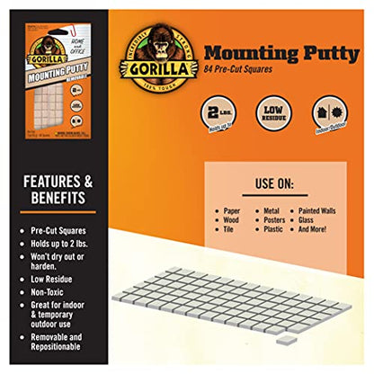 Gorilla Mounting Putty, Natural Tan Color, 84 Pre-Cut Squares (Pack of 8) - Non-Toxic Removable & Repositionable Wall Putty - size: 8 - Pack, style: 2 Ounce