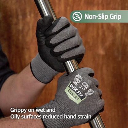 DEX FIT Level A6 Fiberglass Free Cut Resistant Gloves CR533H, 3D Comfort Fit, No Itch, Firm Grip, Soft & Durable, Touch-screen Compatible, Dexterity, Machine Washable; Gray L (9) 1 Pair