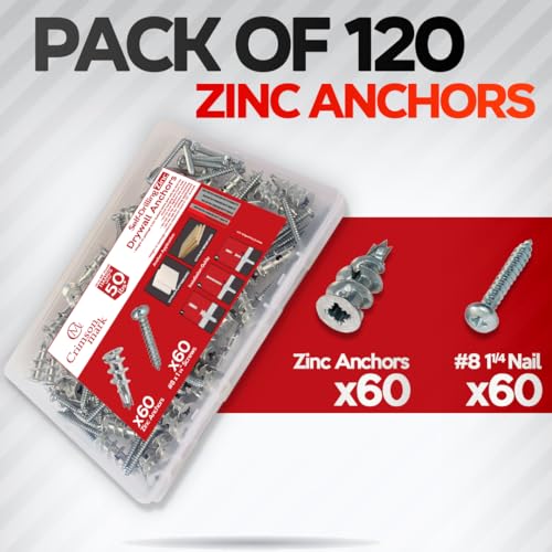 CrimsonMark 120Pcs Zinc Self Drilling Drywall Anchors and Screws kit #8 x 1-1/4”- Metal Wall Anchors for Drywall Heavy Duty, Holds Upto 50lbs – No Drill Hole Required with Dry Wall Screws and Anchors