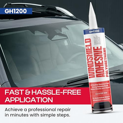 GH1200 Polyurethane Windshield Adhesive Cures in 24-48 Hrs - 12.5 Oz Ultra Strong Non-Drip Formula - Caulk-Friendly Windshield Glue - Impact & Vibration Proof Seals - Weather Resistant Window Adhesive - style: 12.5Oz Windshield Adhesive