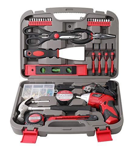 Apollo Tools 135 Piece Household Tool Set with Pivoting Dual-Angle 3.6 Volt Lithium-Ion Cordless Screwdriver – Includes Most-Needed Tool Selection and Hanging Assortment- Red - DT0773 - color: Red, size: 135-Piece