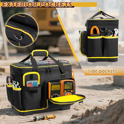 Marscamd 16-inch Tool Bag with Hard Bottom and a Detachable Divider, Heavy Duty Tool Tote with Multiple Pockets, Black