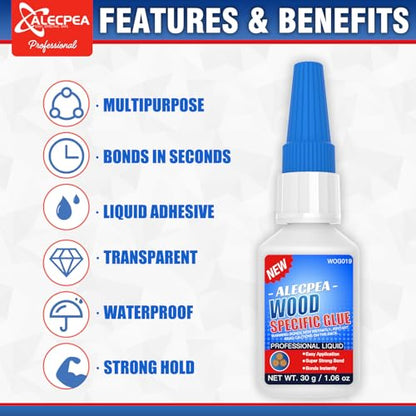 ALECPEA Wood Glue with 3 Precision Applicators - Fast Curing Super Glue for Woodworking, Furniture Repair & Crafts - Strong & Clear, 30g - size: 30g/1Pack, style: Wood Glue