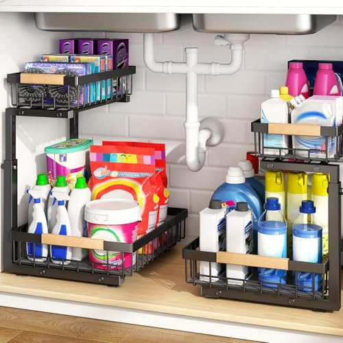 PXRACK Under Sink Organizer, Adjustable Height, 2 Tier Pull Out Under Cabinet Organizer, Slide Out Thickened Metal Under Sink Storage for Kitchen Bathroom Laundry Pantry Cabinet, Black, Large-2-Pack - color: Black, size: Large-2-Pack