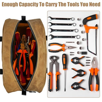 MELOTOUGH Waxed Canvas Utility Tool Tote bag Combo Kit-Includes 2 Medium Tool Organizer Bags for Electrician, Plumbing, Gardening, HVAC & More (14 inch,Tan&Black) - color: Black & Tan