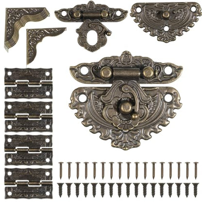 Jewelry Box Hardware, Antique Engraved Latch Hasp Jewelry Box Hinges and Corner Protectors Hardware Kit with Mounting Screws for Decorative Cabinet Small Wooden Boxes