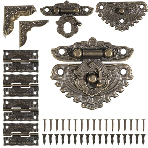 Jewelry Box Hardware, Antique Engraved Latch Hasp Jewelry Box Hinges and Corner Protectors Hardware Kit with Mounting Screws for Decorative Cabinet Small Wooden Boxes