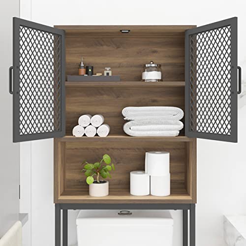 Launica Bathroom Organizer Over Toilet, Over The Toilet Storage Cabinet, Wood Metal Bathroom Space Saver Stand Behind Toilet, Industrial Freestanding Rack Above Toilet with Shelf, Rustic Oak - color: Rustic Oak