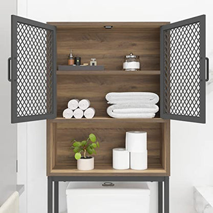 Launica Bathroom Organizer Over Toilet, Over The Toilet Storage Cabinet, Wood Metal Bathroom Space Saver Stand Behind Toilet, Industrial Freestanding Rack Above Toilet with Shelf, Rustic Oak - color: Rustic Oak