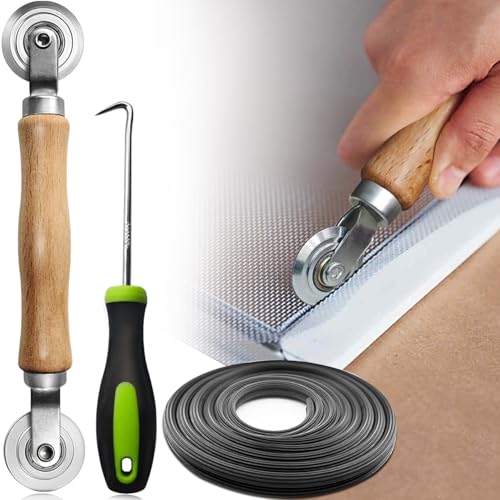 Screen Repair kit, Screen Roller Tool, Steel Roller with Bear+32ft Screen Spline+Removal Hook, 3 in 1 Window Screen Door Repair Kit,for Installing Door Window Mesh - size: Steel Roller+spline+pick