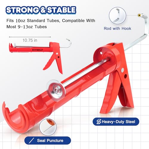 DIYSELF Caulk Gun, Heavy Duty Caulking Tool, 10:1 Thrust Ratio, Hand Caulking Gun for 10 oz Cartridges, Silicone Gun Compatible with Sealant, Acrylic, Latex, Adhesive, Butyl & More (Red) - color: Red