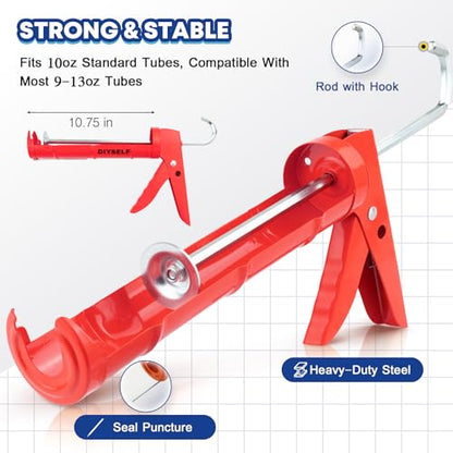 DIYSELF Caulk Gun, Heavy Duty Caulking Tool, 10:1 Thrust Ratio, Hand Caulking Gun for 10 oz Cartridges, Silicone Gun Compatible with Sealant, Acrylic, Latex, Adhesive, Butyl & More (Red) - color: Red