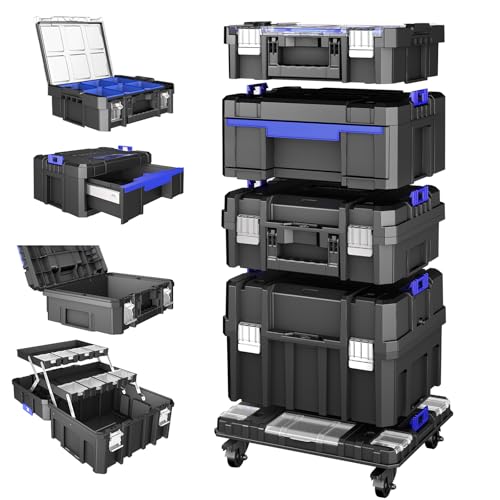 4 Tier Stackable Rolling Tool Box with Wheels | Modular Tool Organizer Box Storage System | Portable Tool Box with Drawers | Tough and Durable | For Garage Storage | Home Repairs | Professional Work - style: 4 Tier Stackable Tool Box-B