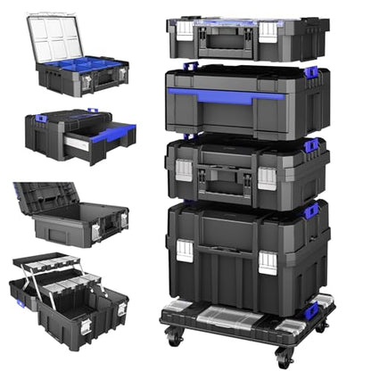 4 Tier Stackable Rolling Tool Box with Wheels | Modular Tool Organizer Box Storage System | Portable Tool Box with Drawers | Tough and Durable | For Garage Storage | Home Repairs | Professional Work