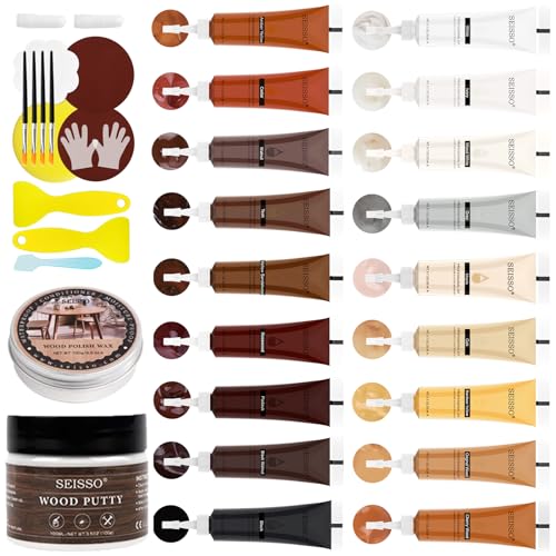 Wood Furniture Repair Kit, 34 Pcs Wood Filler Putty Restore a Finish Wood Floor Scratch Repair, Vinyl Floor Repair Kit for Scratches Holes, Hardwood Floor Door, Cabinet Table, Bedposts - color: 34 Pcs