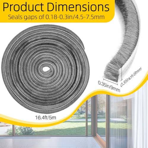 RAINFLOW 16.4Ft Weather Stripping Door Seal - Self-Adhesive Pile Weather Stripping,Seal Strip for Door Frame and Windows,Sound Proof (Grey,0.35" Wide x 0.35" Thick)