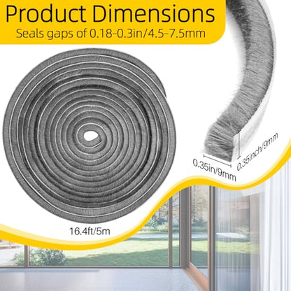 RAINFLOW 16.4Ft Weather Stripping Door Seal - Self-Adhesive Pile Weather Stripping,Seal Strip for Door Frame and Windows,Sound Proof (Grey,0.35" Wide x 0.35" Thick)