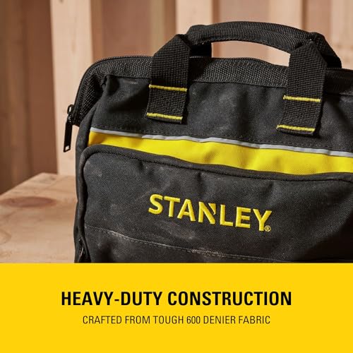 STANLEY Tool Bag 30 x 25 x 13 cm in Resistant 600 x 600 Denier with 8 Interior 2 Exterior Pockets and Reinfored Base 1-93-330, Black, 12"