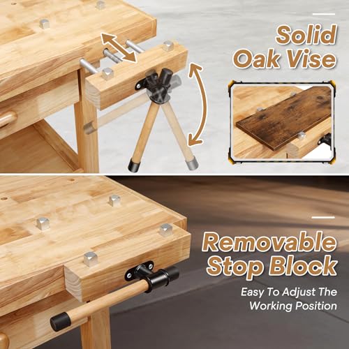 Magshion 60" Rubber Hardwood Work Bench, 500Lbs Load Capacity Heavy Duty Woodworking Table with Solid Oak Vise and Removable Stop Block, Workbench for Garage, Workshop, Home Storage (Natural)