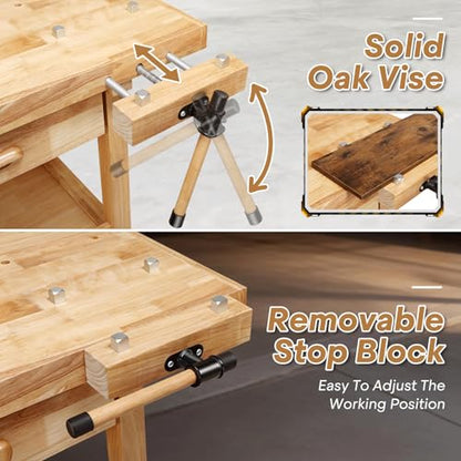 Magshion 60" Rubber Hardwood Work Bench, 500Lbs Load Capacity Heavy Duty Woodworking Table with Solid Oak Vise and Removable Stop Block, Workbench for Garage, Workshop, Home Storage (Natural)