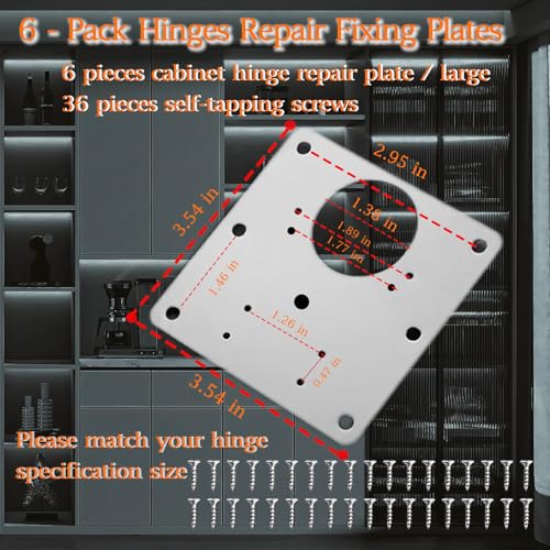 6 Pcs Cabinet Door Hinge Repair Plates, Cabinet Hinge Repair Board Replacement Kit, Metal Hinges Repair Fixing Plates with Screw for Kitchen Cupboard Door - size: Large