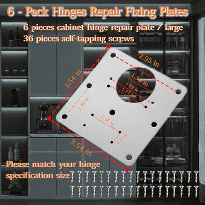 6 Pack Cabinet Door Hinge Repair Plates, Metal Cabinet Hinge Repair Replacement Kit, Cabinet Hinge Repair Brackets, Hinges Repair Fixing Plates with Screw for Kitchen Cupboard Door Locker Cabinet Door