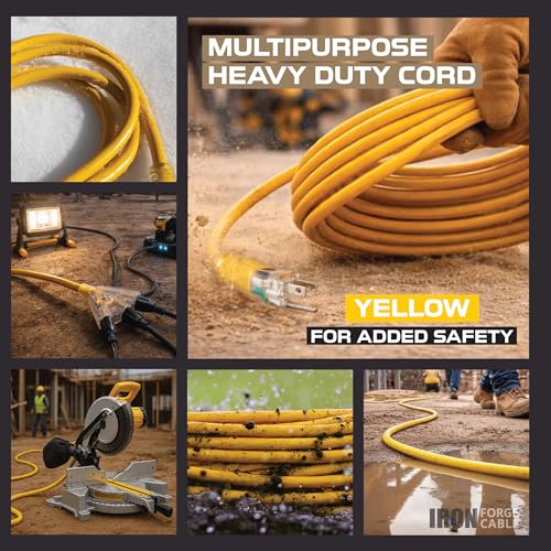 IRON FORGE CABLE 25 Foot Lighted Outdoor Extension Cord with 3 Electrical Power Outlets - 12/3 SJTW Heavy Duty Yellow Extension Cable with 3 Prong Grounded Plug for Safety, 15 AMP - size: 25 Foot, style: 1 Pack