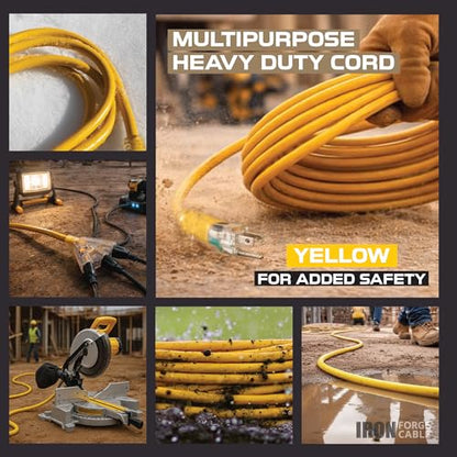 IRON FORGE CABLE 25 Foot Lighted Outdoor Extension Cord with 3 Electrical Power Outlets - 12/3 SJTW Heavy Duty Yellow Extension Cable with 3 Prong Grounded Plug for Safety, 15 AMP - size: 25 Foot, style: 1 Pack