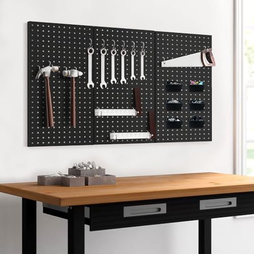 3pcs Heavy Duty Metal Pegboard Panels, Garage Wall Mounted Tool Organizer Peg Board for Garage, Workshop Storage and Workbench (Black) - style: Metal pegboard-3pack