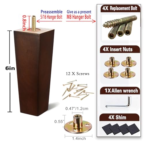 SHANJUE Wood Furniture Legs - 6 inch Sofa Legs Pack of 4 Square Brown Couch Legs, Mid Century Chair Feet, Sofa Replacement Parts, for Dresser, Sideboard, Recliner, Coffee Table - size: 6 inches