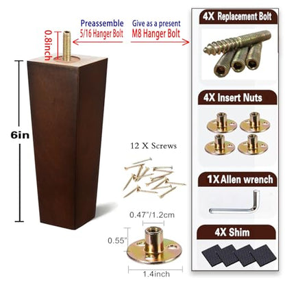 SHANJUE Wood Furniture Legs - 6 inch Sofa Legs Pack of 4 Square Brown Couch Legs, Mid Century Chair Feet, Sofa Replacement Parts, for Dresser, Sideboard, Recliner, Coffee Table - size: 6 inches