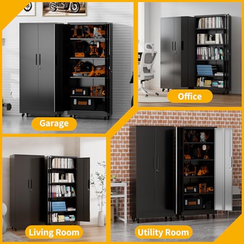 Metal Storage Cabinet with Wheels, 74.5" Garage Storage Cabinet with 4 Adjustable Shelves & Lockable Doors, Heavy Duty Garage Cabinets for Office, Home, Garage, Gym, School - size: 74.5"H x 15.75"D x 31.5"W