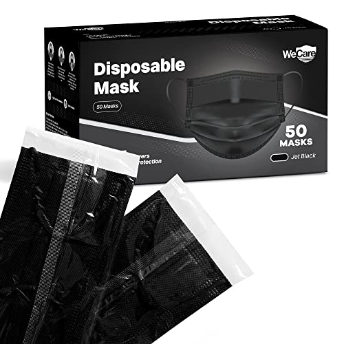 WECARE Disposable Face Mask Individually Wrapped - 50 Pack, Printed Masks - 3 Ply - color: Jet Black