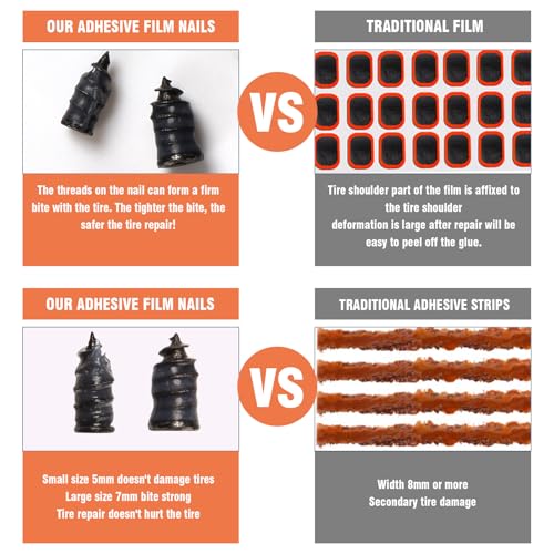 Bellisinno Tire Repair Glue, Sidewall Rubber Cement Kit, Two Sizes Nail, Suitable for Bike, Car, Motorcycle, Off-Road, Truck, Tractor, Black, 10ml*2