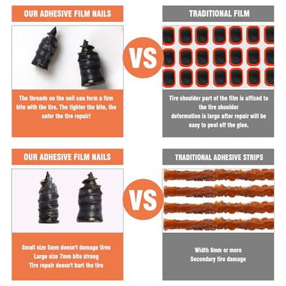 Bellisinno Tire Repair Glue, Sidewall Rubber Cement Kit, Two Sizes Nail, Suitable for Bike, Car, Motorcycle, Off-Road, Truck, Tractor, Black, 10ml*2