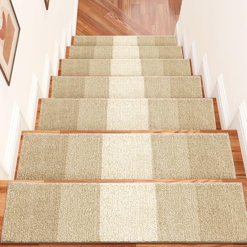 OLANLY Stair Treads Non Slip 15PCS, 8" x 30" Indoor Stair Runners for Wooden Steps, Edging Stair Rugs with Reusable Peel and Stick Adhesive for Kids Elders and Pets, Beige - color: Beige