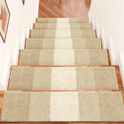 OLANLY Stair Treads Non Slip 15PCS, 8" x 30" Indoor Stair Runners for Wooden Steps, Edging Stair Rugs with Reusable Peel and Stick Adhesive for Kids Elders and Pets, Beige - color: Beige