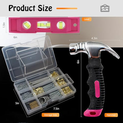 Picture Hanging Kit Hanging Hardware Assorted with Magnetic Hammer D Ring Nails Hooks Wires Magnetic Level for Wall Mounting Heavy Picture Canvas Paintings Photos Frame Board Clock